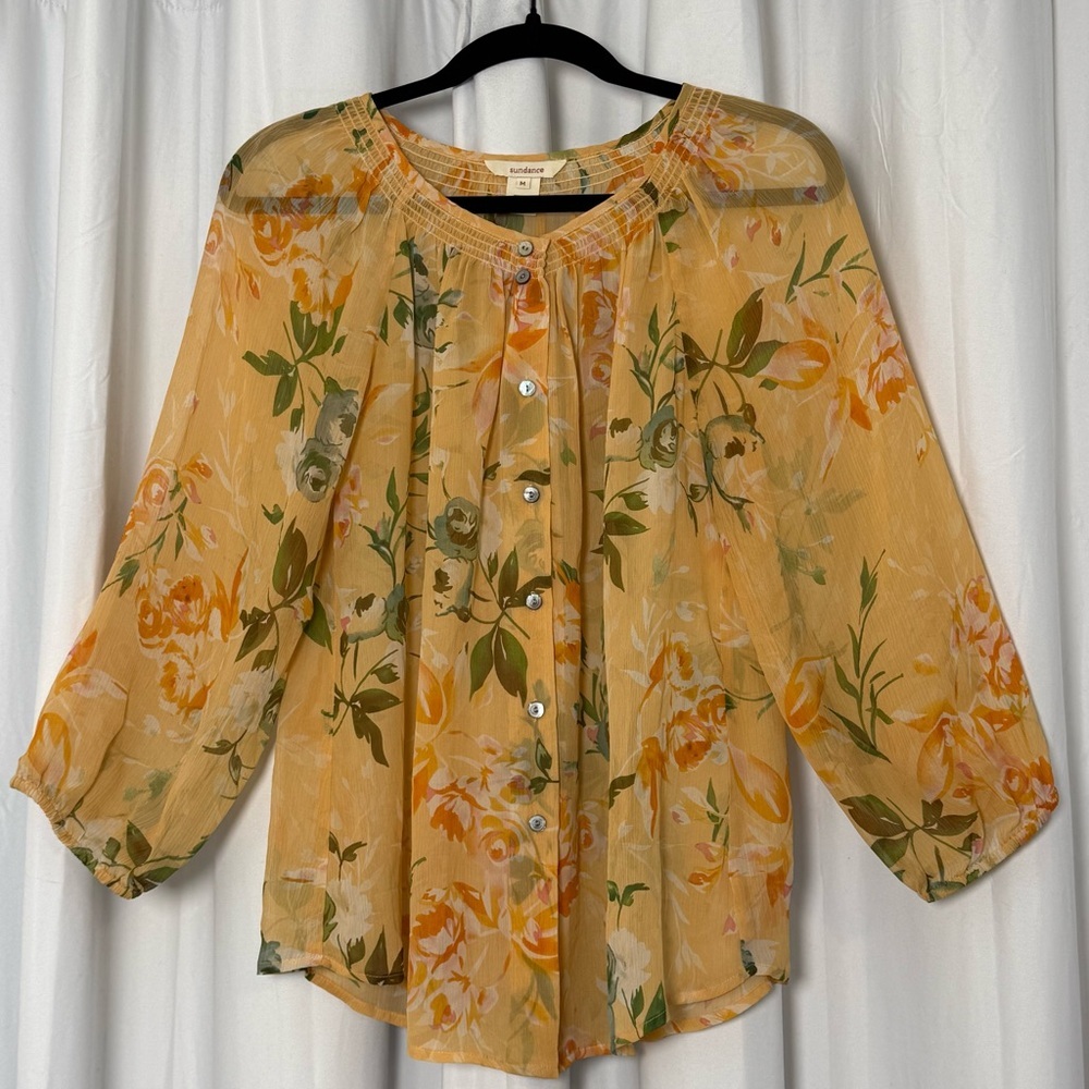 Sundance 100% Silk Floral Blouse Women’s Medium Yellow Boho Peasant Long Sleeve - Picture 3 of 11